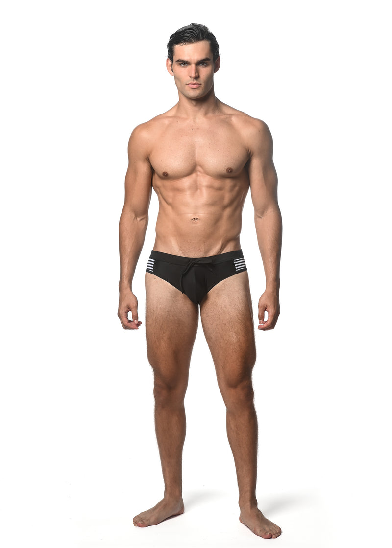 BLACK SOLID SWIM BRIEF W/ SIDE STRIPE PANEL ST-8024