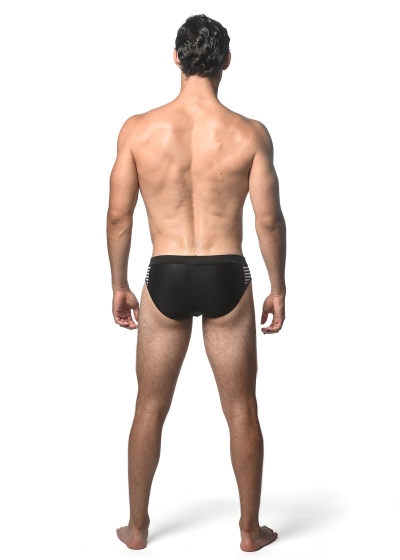 BLACK SOLID SWIM BRIEF W/ SIDE STRIPE PANEL ST-8024