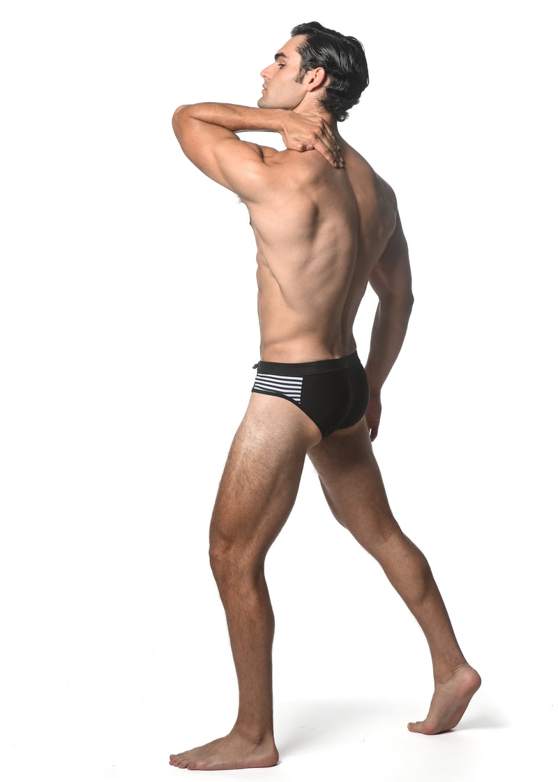 BLACK SOLID SWIM BRIEF W/ SIDE STRIPE PANEL ST-8024