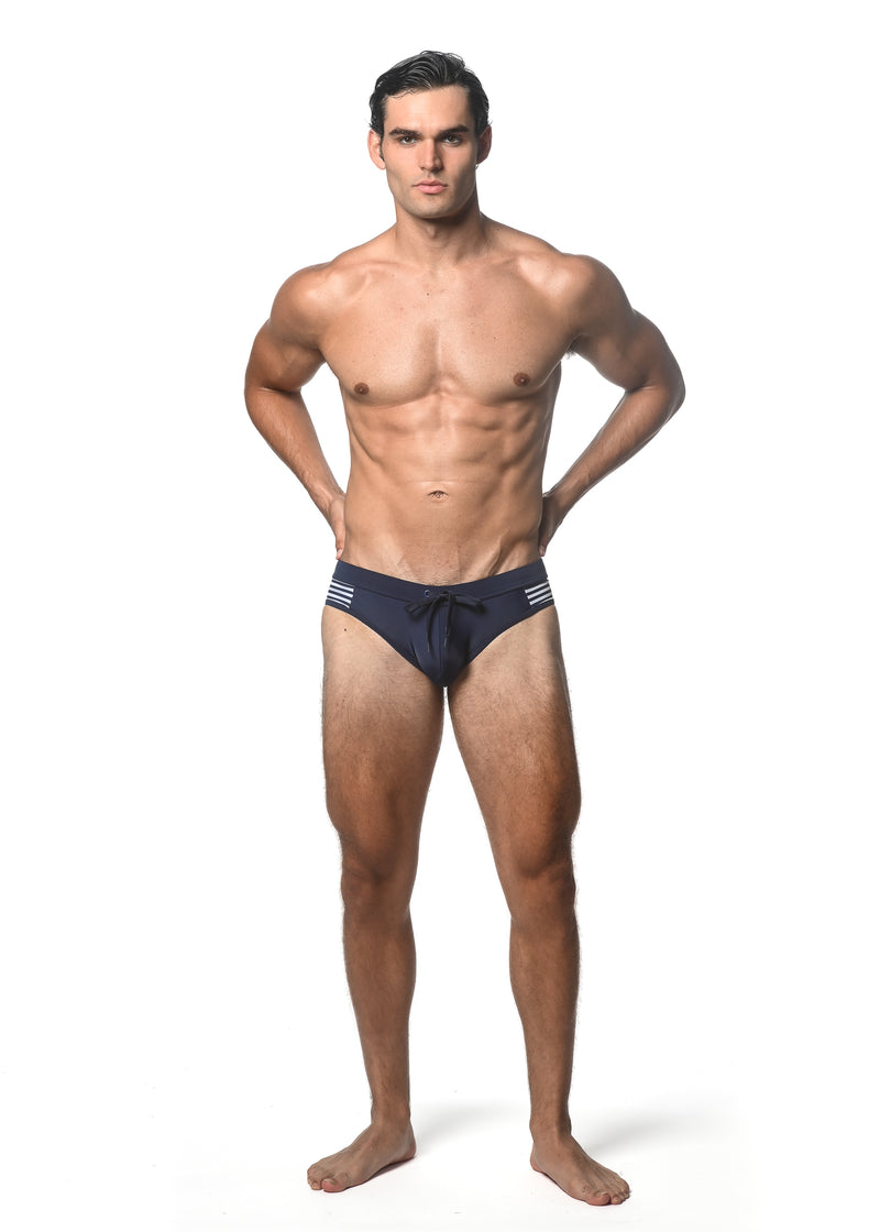 NAVY SOLID SWIM BRIEF W/ SIDE STRIPE PANEL ST-8024