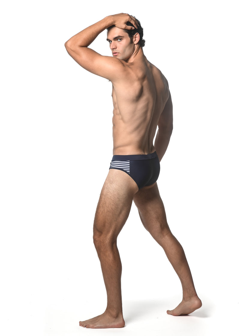 NAVY SOLID SWIM BRIEF W/ SIDE STRIPE PANEL ST-8024