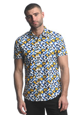 ROYAL/ YELLOW ABSTRACT PRINTED STRETCH JERSEY KNIT SHORT SLEEVE SHIRT ST-9275