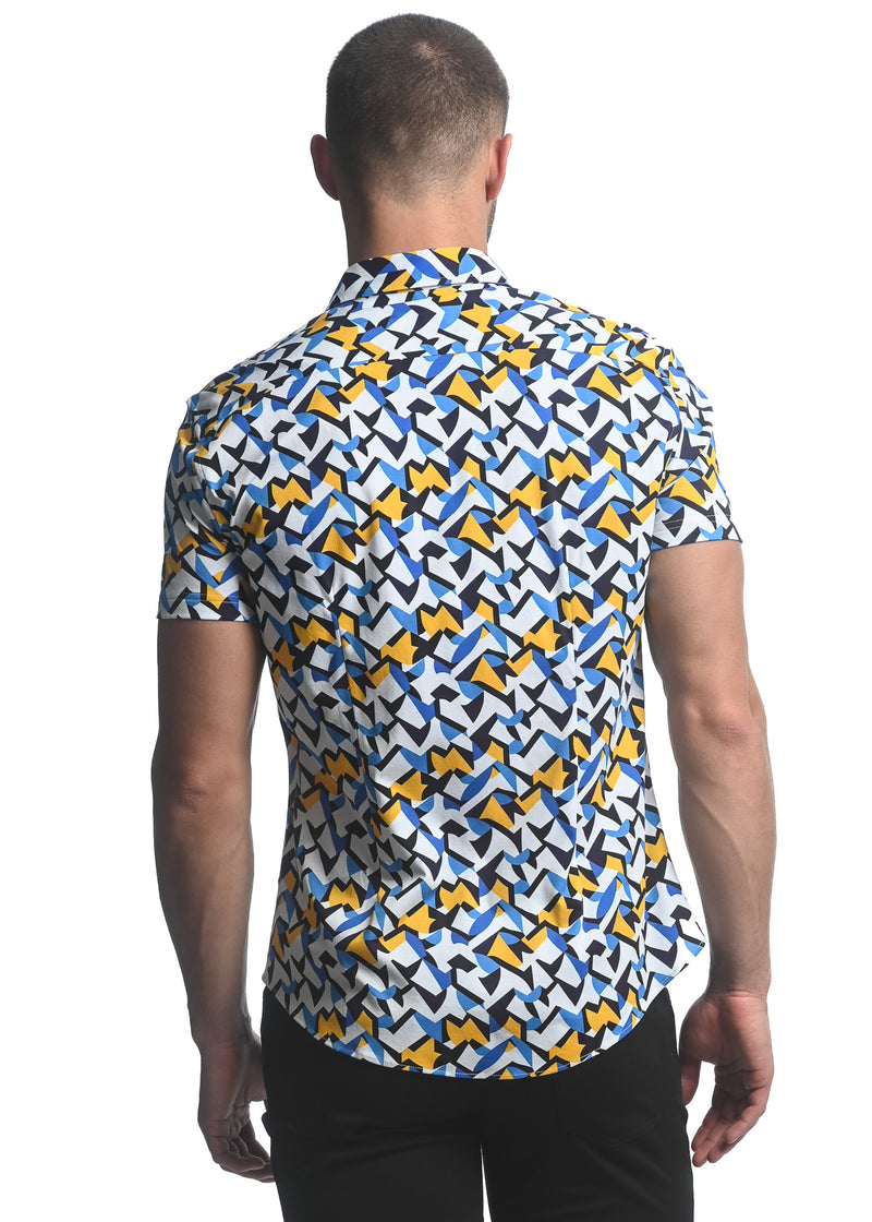 ROYAL/ YELLOW ABSTRACT PRINTED STRETCH JERSEY KNIT SHORT SLEEVE SHIRT ST-9275