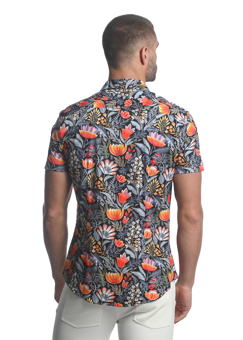 MIDNIGHT/ RED FLORAL PRINTED STRETCH JERSEY KNIT SHORT SLEEVE SHIRT  ST-9278