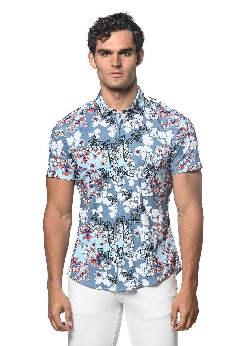 SLATE BLUE ORCHIDS PRINTED STRETCH JERSEY KNIT SHORT SLEEVE SHIRT ST-9286