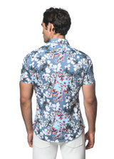 SLATE BLUE ORCHIDS PRINTED STRETCH JERSEY KNIT SHORT SLEEVE SHIRT ST-9286