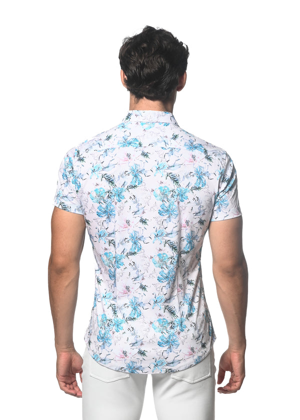 BLUE/BLUSH ORCHIDS PRINTED KNIT JERSEY SHORT SLEEVE SHIRT SEAMLESS PATTERN ST-9293