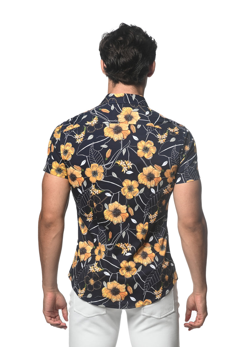 MIDNIGHT/GOLD FLORAL PRINTED KNIT JERSEY SHORT SLEEVE SHIRT SEAMLESS PATTERN ST-9295