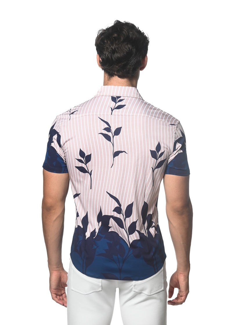 NAVY/BEIGE LEAVES PRINTED KNIT JERSEY SHORT SLEEVE SHIRT SEAMLESS BORDER ST-9302