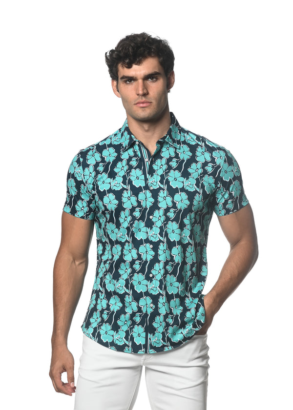 TEAL/SURF FLORAL PRINTED KNIT JERSEY SHORT SLEEVE SHIRT SEAMLESS PATTERN ST-9306