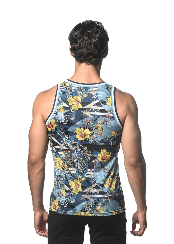 NAVY/ROYAL FLORAL PRINTED STRETCH MESH SINGLET ST-11095