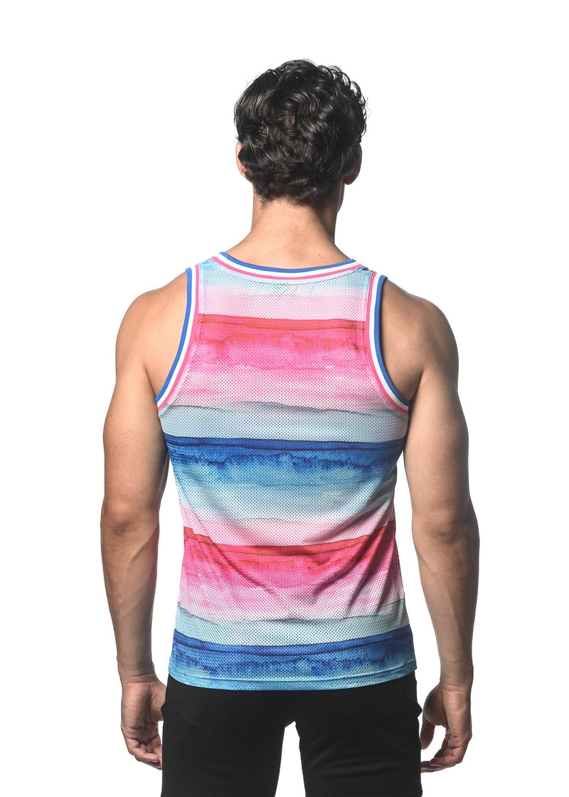 FUCHSIA/COBALT STRIPES PRINTED STRETCH MESH SINGLET ST-11097