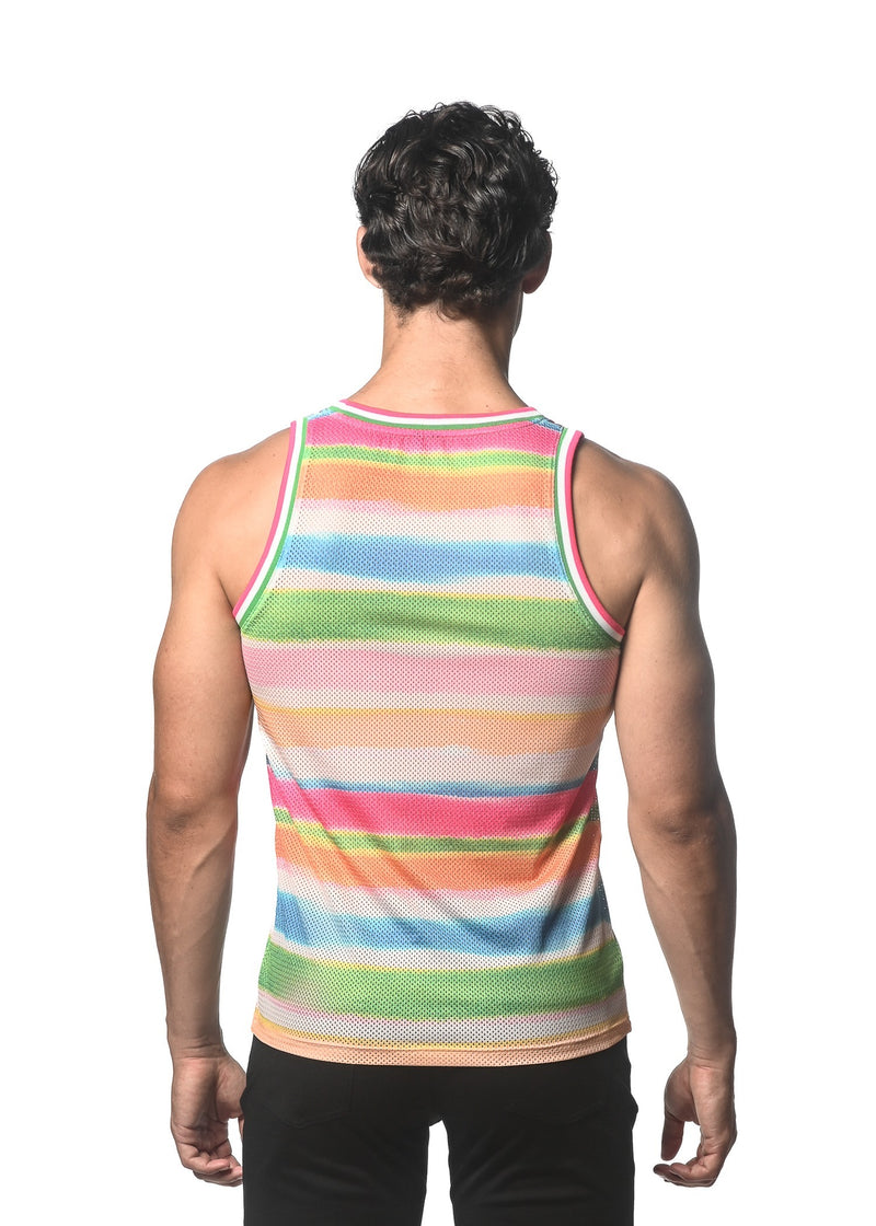 GREEN/CANDY STRIPES PRINTED STRETCH MESH SINGLET ST-11099