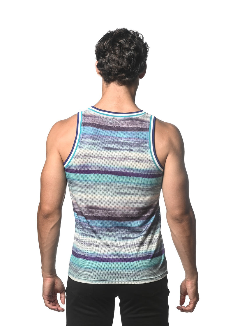 TEAL/BLUE STRIPES PRINTED STRETCH MESH SINGLET ST-11098