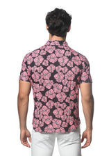 PINK/ BLACK FLORAL PRINTED OPEN KNIT STRETCH SHORT SLEEVE SHIRT ST-48056