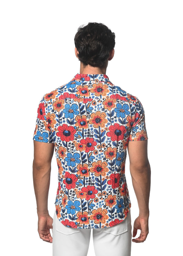 RED/ BLUE FLORAL PRINTED OPEN KNIT STRETCH SHORT SLEEVE SHIRT ST-48059