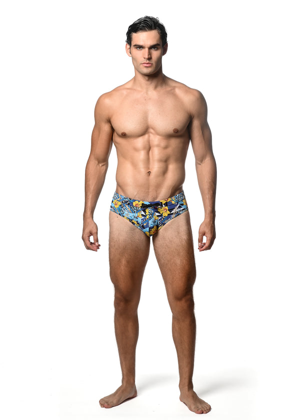 NAVY/YELLOW FLORAL PRINTED SWIM BRIEF ST-8015-04