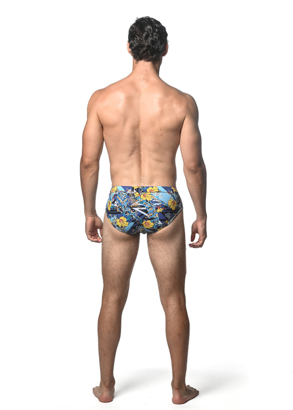 NAVY/YELLOW FLORAL PRINTED SWIM BRIEF ST-8015-04