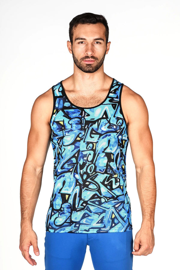 BLUE GRAFFITI STRETCH MESH TANK TOP ST-174 Final Sale