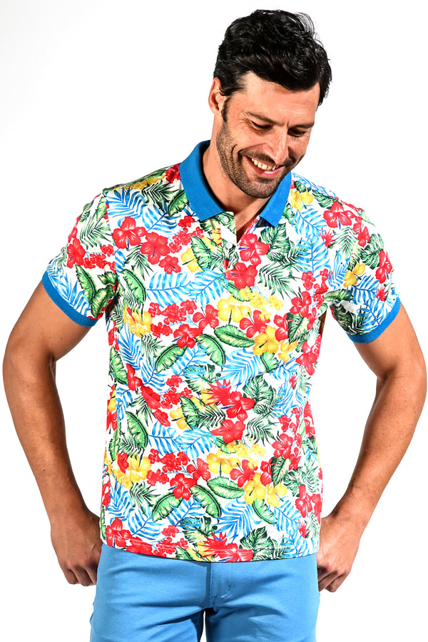 YELLOW/BLUE TROPIC HIBISCUS PRINTED JERSEY KNIT SHORT SLEEVE POLO ST-2036 Final Sale