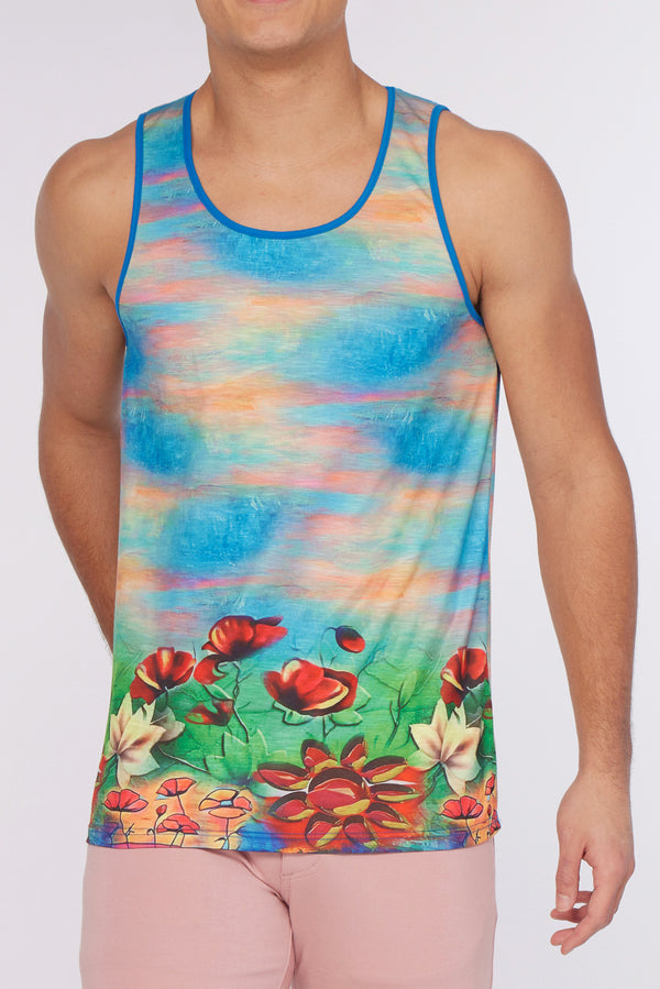 RED/MULTI LILIES STRETCH JERSEY SINGLET ST-443 Final Sale