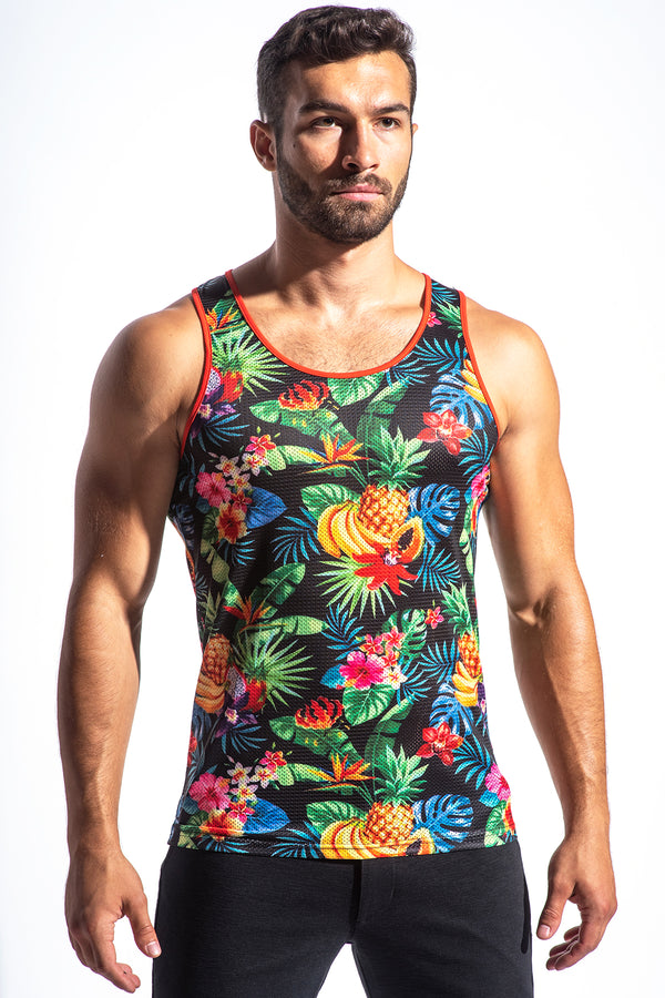 NAVY/MULTI TROPICAL FRUITS MESH STRETCH TANK TOP ST-128-Final Sale